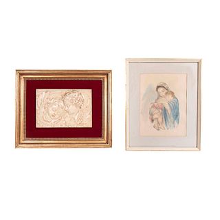 Lote de 2 obras. Consta de: a) Virgen con niño. Impresión. 40 x 30 cm. b) Simonetti. Ángeles. En alto relieve. 22 x 33 cm