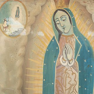 Anónimo. Virgen de Guadalupe con apariciones. Óleo sobre lámina de zinc Enmarcado. 51.5 x 32 cm