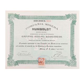 Lote de 10 acciones. México. Ca 1908. Capital Social de la Compañía Minera Humboldt. Con folio consecutivo.