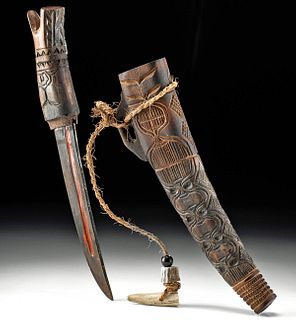 20th C. Japanese Ainu Iron Knife Wood Sheath (Makiri)