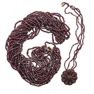 TWO GARNET BEAD NECKLACES, INCLUDES GOLD