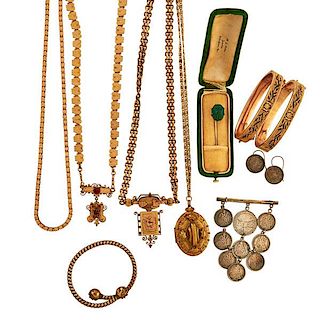 COLLECTION OF VICTORIAN GOLD FILLED, COIN JEWELRY