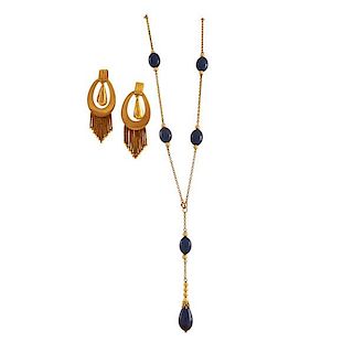 YELLOW GOLD DROP EARRINGS AND LAPIS BEAD LARIAT