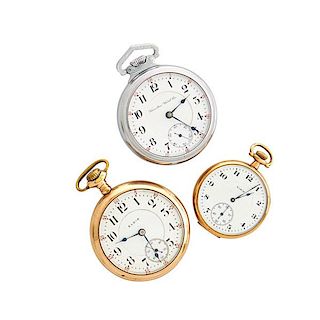 THREE GOLD FILLED OPEN FACE POCKET WATCHES