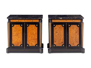 A Pair of Russian Empire Gilt Metal Mounted Ebonized and Burlwood Marble-Top Side Cabinets