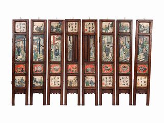A Chinese Painted and Hardstone Inset Wood Eight-Panel Table Screen