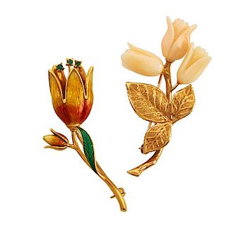 TWO YELLOW GOLD, GEM-SET FLOWER BROOCHES