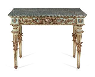 An Italian Neoclassical Green-Painted and Parcel Gilt Marble-Top Console Table