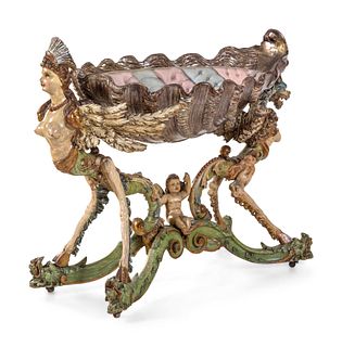 A Venetian Figural Carved and Polychrome Decorated Wood Cradle