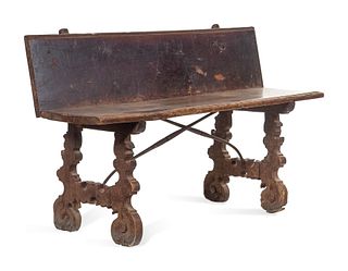 A Baroque Style Wrought Iron Mounted Carved Walnut Bench