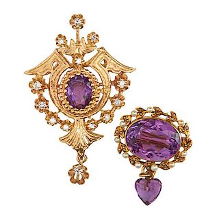 TWO AMETHYST AND 14K YELLOW GOLD BROOCHES