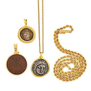 GROUP OF YELLOW GOLD MOUNTED COIN JEWELRY