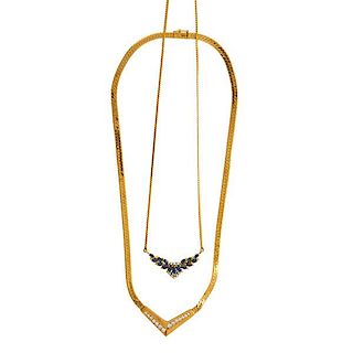 TWO YELLOW GOLD DIAMOND OR GEM-SET NECKLACES