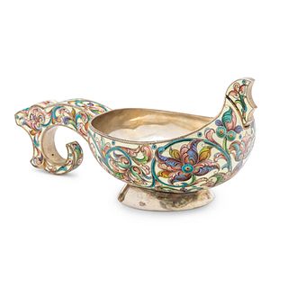 A Large Russian Silver and Shaded Enamel Kovsh