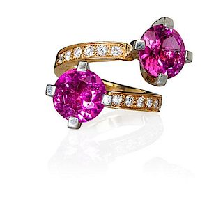 RUBELLITE AND DIAMOND 18K GOLD BYPASS RING