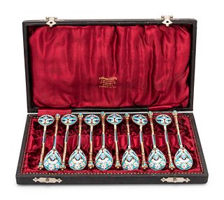 A Set of Twelve Russian Silver-Gilt and Enamel Teaspoons