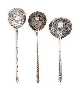 Three Russian Niello Silver Spoons