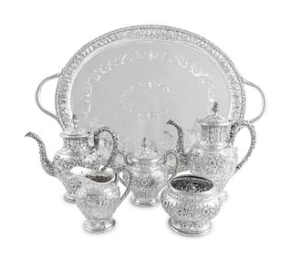 An American Silver Repousse Six-Piece Tea and Coffee Service