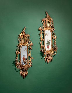 A Pair of Chinese Chippendale Giltwood and Reverse-Painted Glass Mirrors