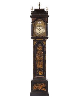 A George III Parcel Gilt and Black Lacquered Chinoiserie Decorated Tall Case Clock