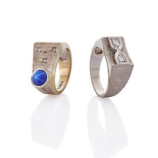 TWO WHITE GOLD STRUCTURAL GEM-SET RINGS