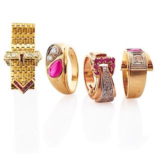 FOUR RETRO YELLOW GOLD DIAMOND & RUBY SET RINGS