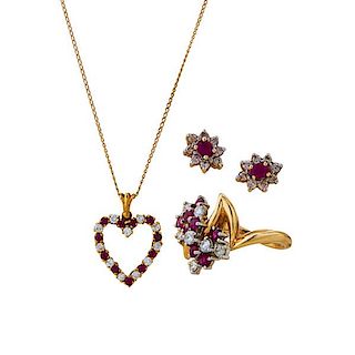 COLLECTION OF RUBY AND DIAMOND 14K GOLD JEWELRY