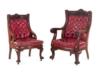 A Renaissance Revival Carved Mahogany Gentleman's and Lady's Chair Set