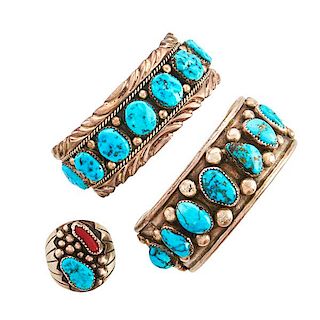 NATIVE AMERICAN SILVER TURQUOISE OR CORAL BRACELETS, RING