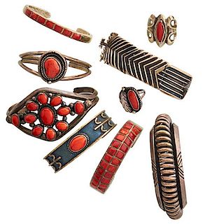 GROUP OF NATIVE AMERICAN SILVER OR CORAL JEWELRY