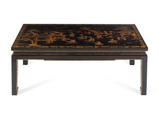 A Chinese Gilt Decorated Black Lacquered Panel Mounted as a Low Table