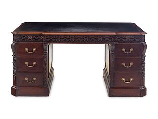 A Chinese Chippendale Style Mahogany Partners Desk