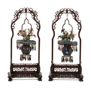 A Pair of Chinese Enameled Filigree Basket Ornaments Suspended from Carved Hardwood Stands