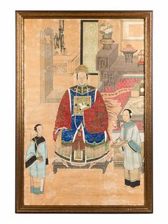 A Chinese Ink and Color on Paper Portrait of an Empress or Court Lady with Two Attendants
