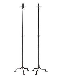 A Pair of Spanish Wrought Iron Floor Candlesticks