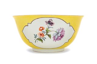 A Meissen Painted and Parcel Gilt Yellow Ground Porcelain Bowl