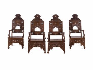 A Set of Four Syrian Mother-of-Pearl Inlaid Walnut Armchairs