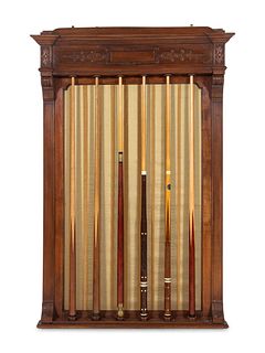 A Carved Walnut Billiards Cue Rack with a Set of Wood Scoring Beads