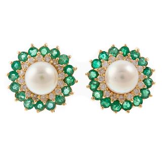 A Pair of Pearl, Emerald & Diamond Earrings in 14K