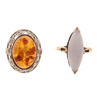 A White Jade Ring in 14K & An Amber Ring in 10K