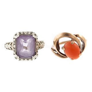A Pair of Vintage Rings in Amethyst, Coral, & Gold