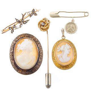 A Collection of Cameos & Vintage Pins in Gold