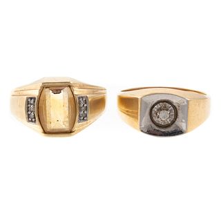 A Pair of Wide Gold Rings with Citrine & Diamond