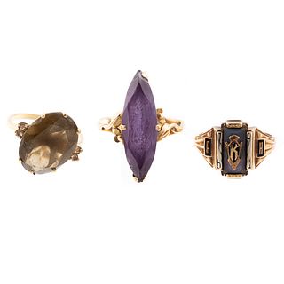 A Trio of Rings in Amethyst, Topaz, Signet & Gold