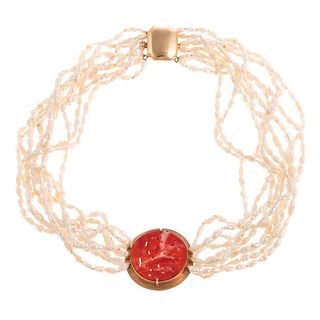 A Carved Coral & Pearl Choker Necklace in 14K