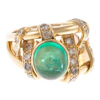 A 18K Cabochon Emerald & Diamond Ring