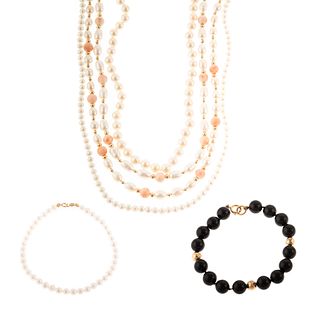 A Collection of Pearl, Onyx & Coral Jewelry in 14K