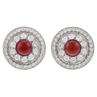 A 18K White Gold Diamond & Coral Button Earrings