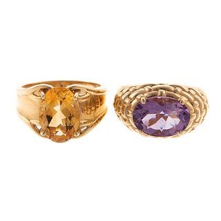 A Pair of Bold Amethyst and Citrine Rings in 10K