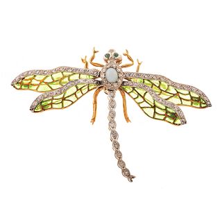 A Plique-a-Jour Dragonfly Pin in 18K